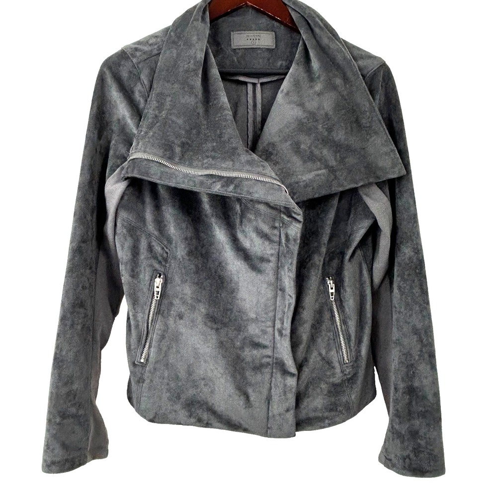 Blank NYC Faux Suede Asymmetrical Zip Up Moto Jacket Size L Gray Casual‎ Stretch